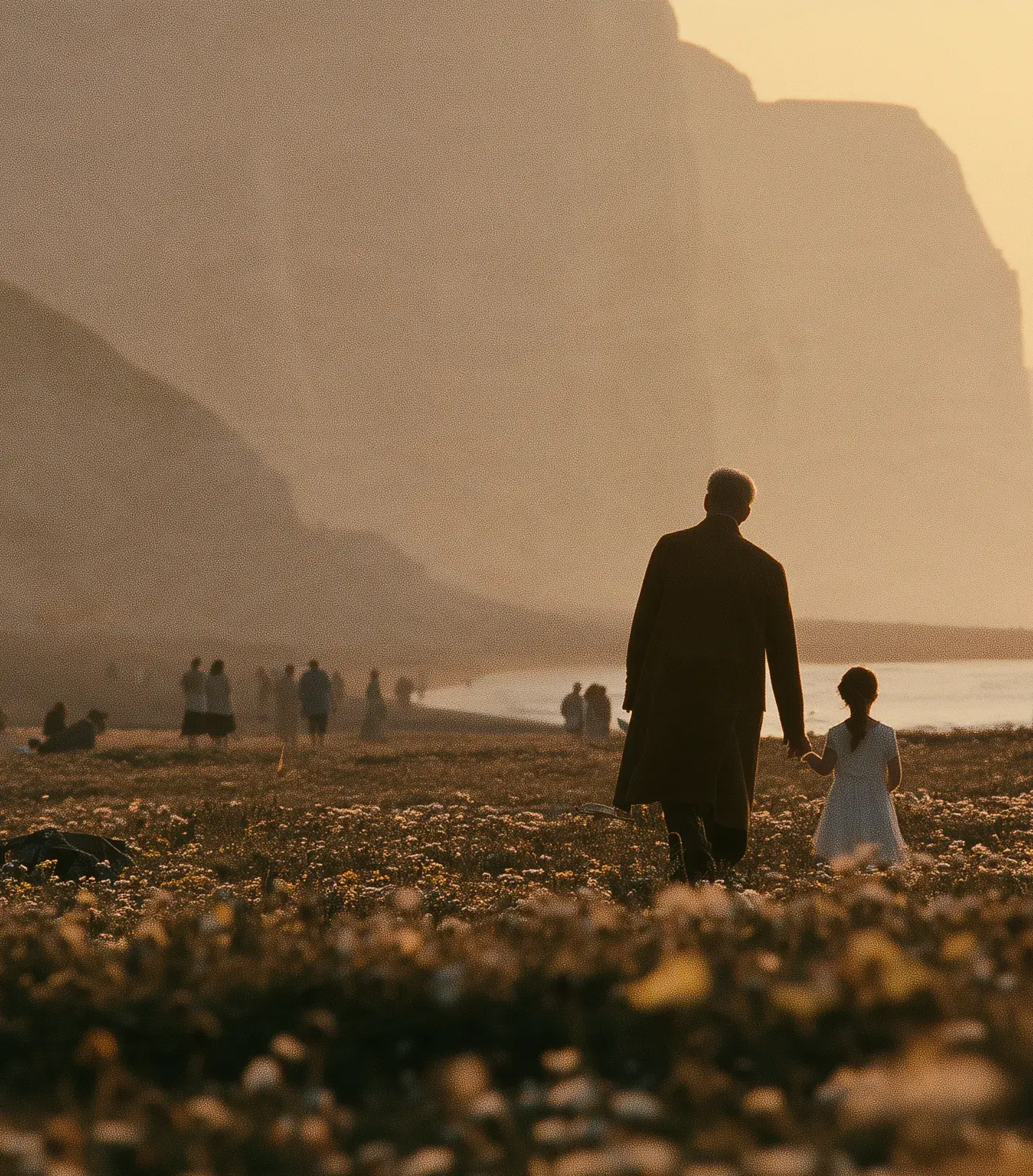 An adult and a small child walking hand in hand across a flowered meadow towards hazy chalk cliffs and the sea, seen from behind in golden evening light