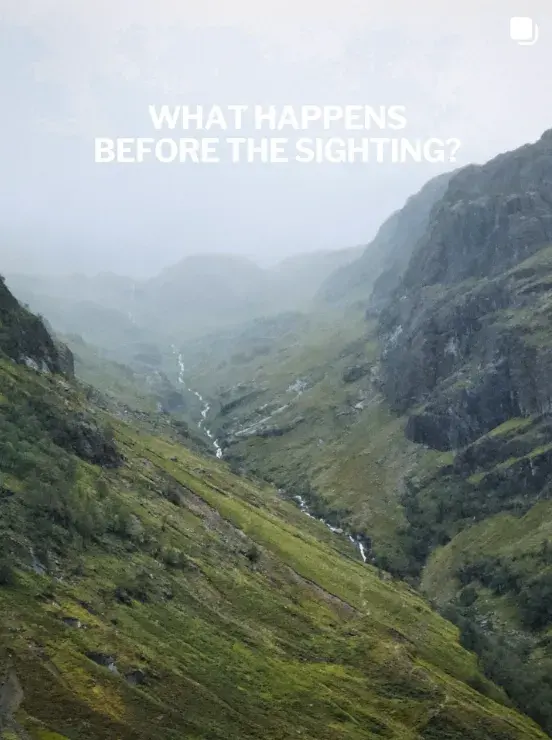 A misty green valley with a stream running down it, with the words: What happens before the sighting?