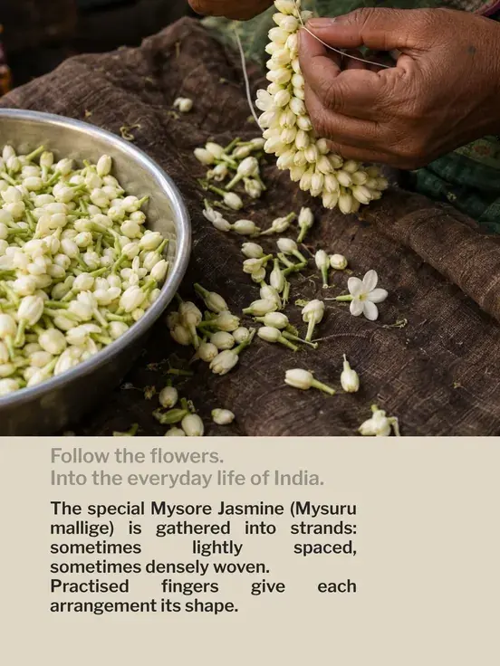 Hands threading jasmine buds into a garland beside a bowl of them, with the words: Follow the flowers. Into the everyday life of India.