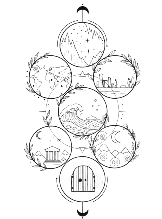 SEVN line illustration — seven circular vignettes of a starlit mountain, a world map, a city skyline, an ocean wave, a temple, moonlit dunes and a doorway, linked into one figure
