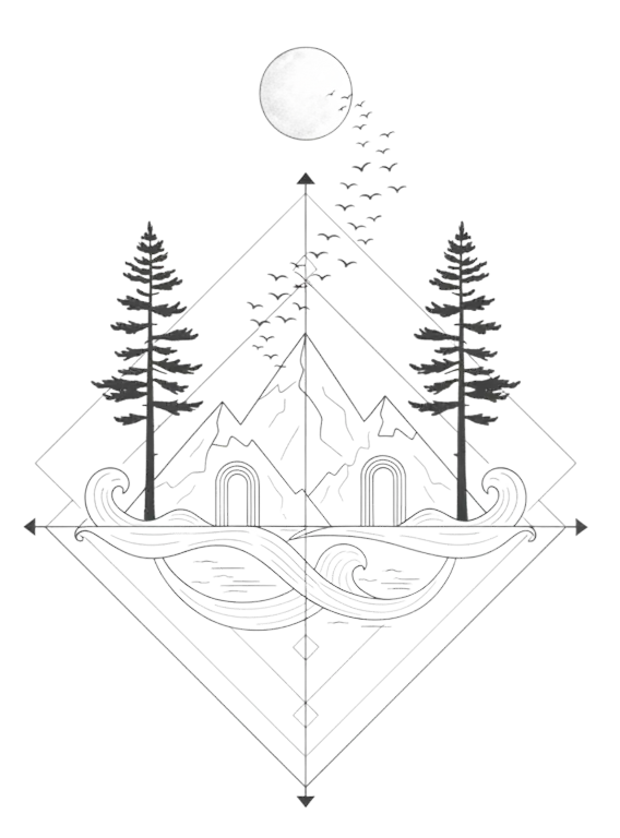 SEVN line illustration — mountain peaks, pine trees, breaking waves and a full moon inside overlapping geometric frames