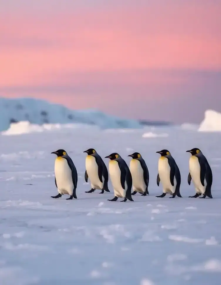 Penguins walking on icy terrain during sunset with pink sky in background.