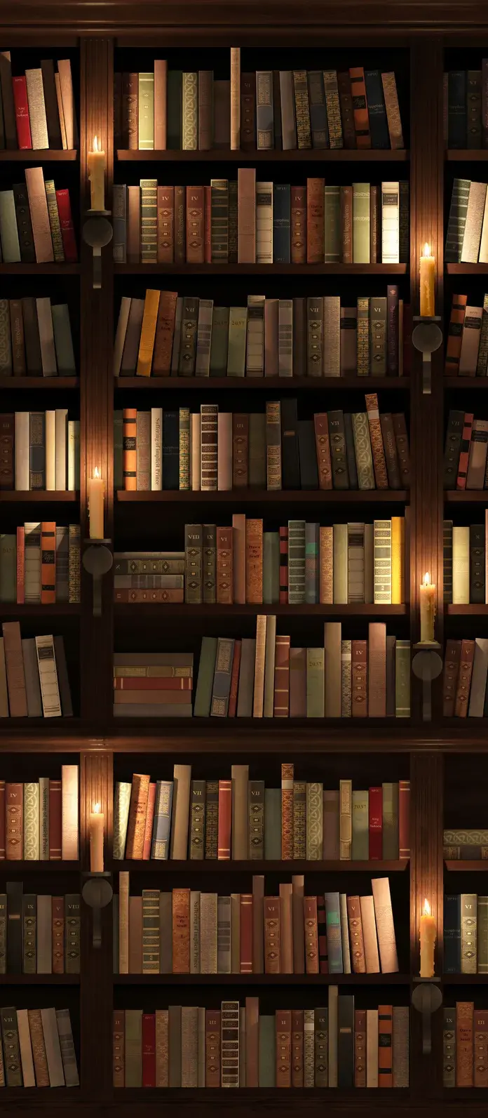 Floor-to-ceiling shelves of old books, lit by candles