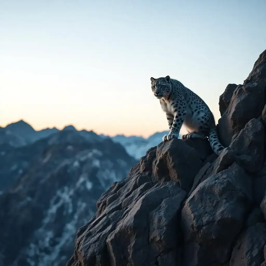 A snow leopard in high-altitude mountains