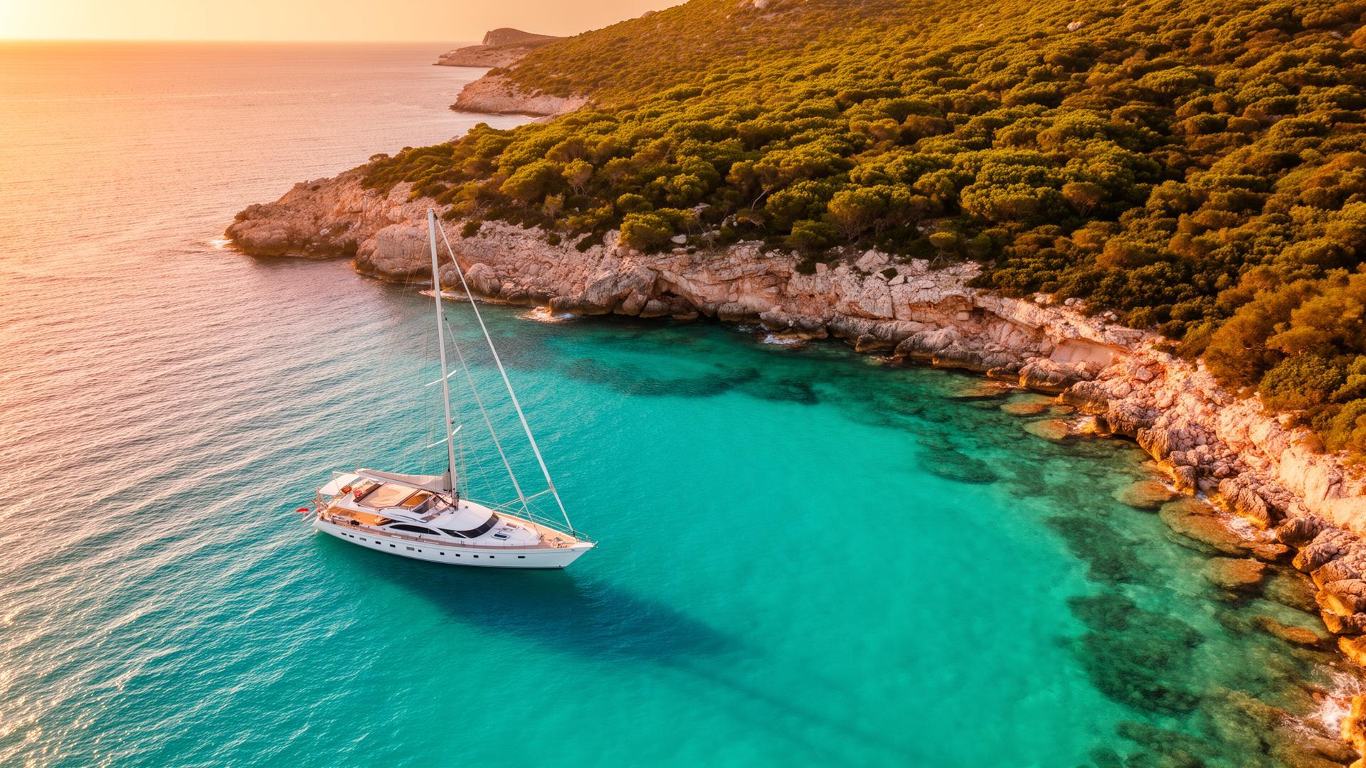 A sailing yacht anchored in a turquoise cove below a wooded headland at golden hour