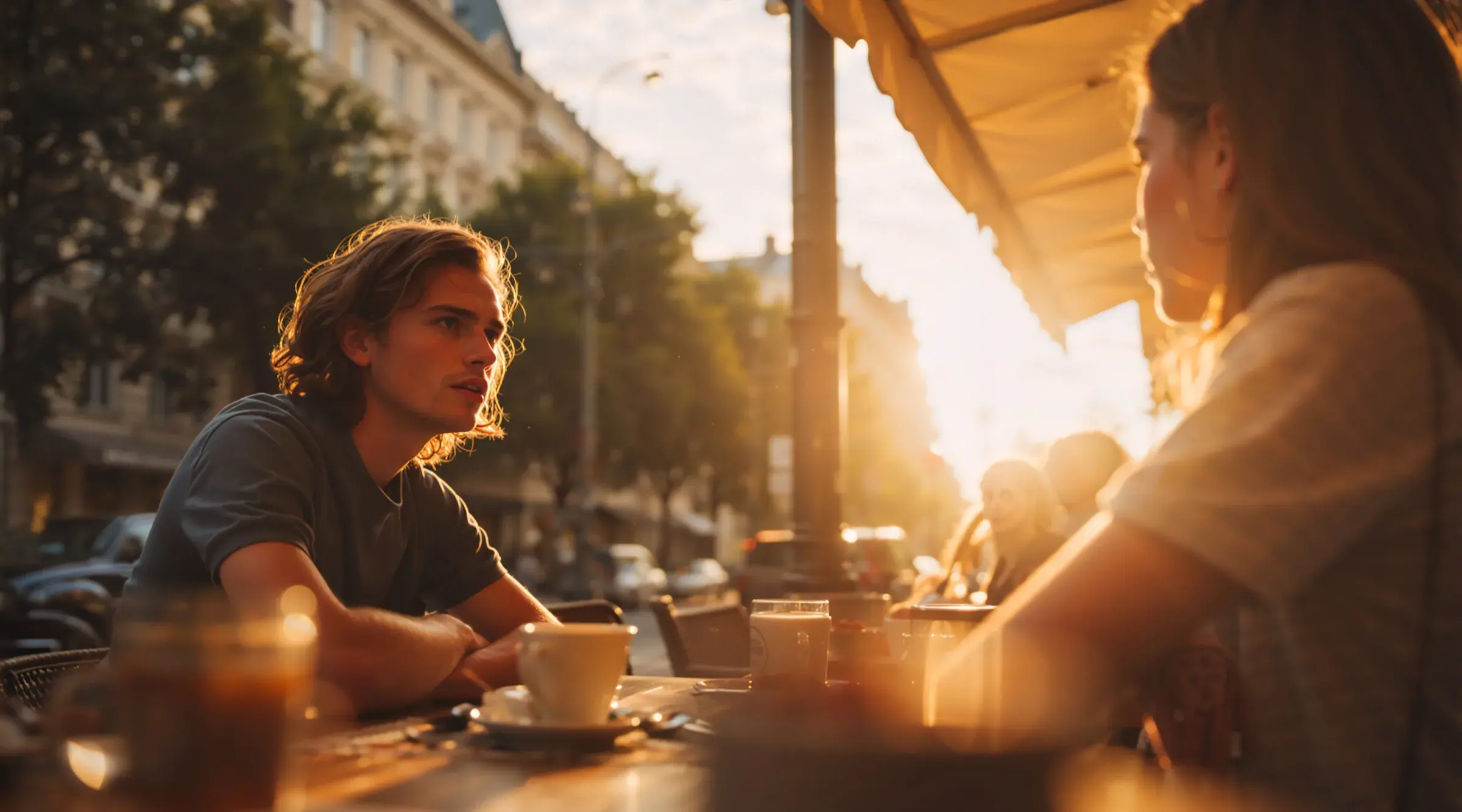 Two people talking across a table in warm late-afternoon light on a city terrace